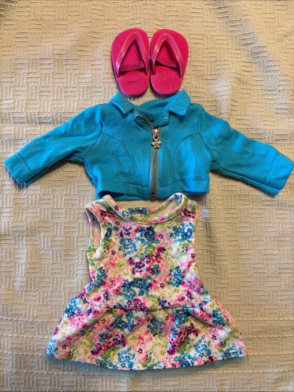 American Girl Turquoise Cropped Jacket with Floral Peplum Dress and Pink Sandals